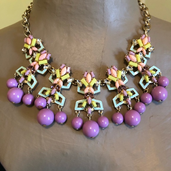 Vintage Talbots Purple Green Yellow and Pink Statement Necklace Gold Tone Chain - Picture 1 of 5